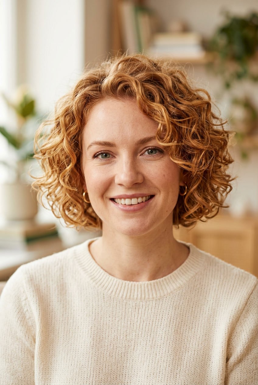 A woman with short, curly strawberry blonde hair smiling against a neutral background.