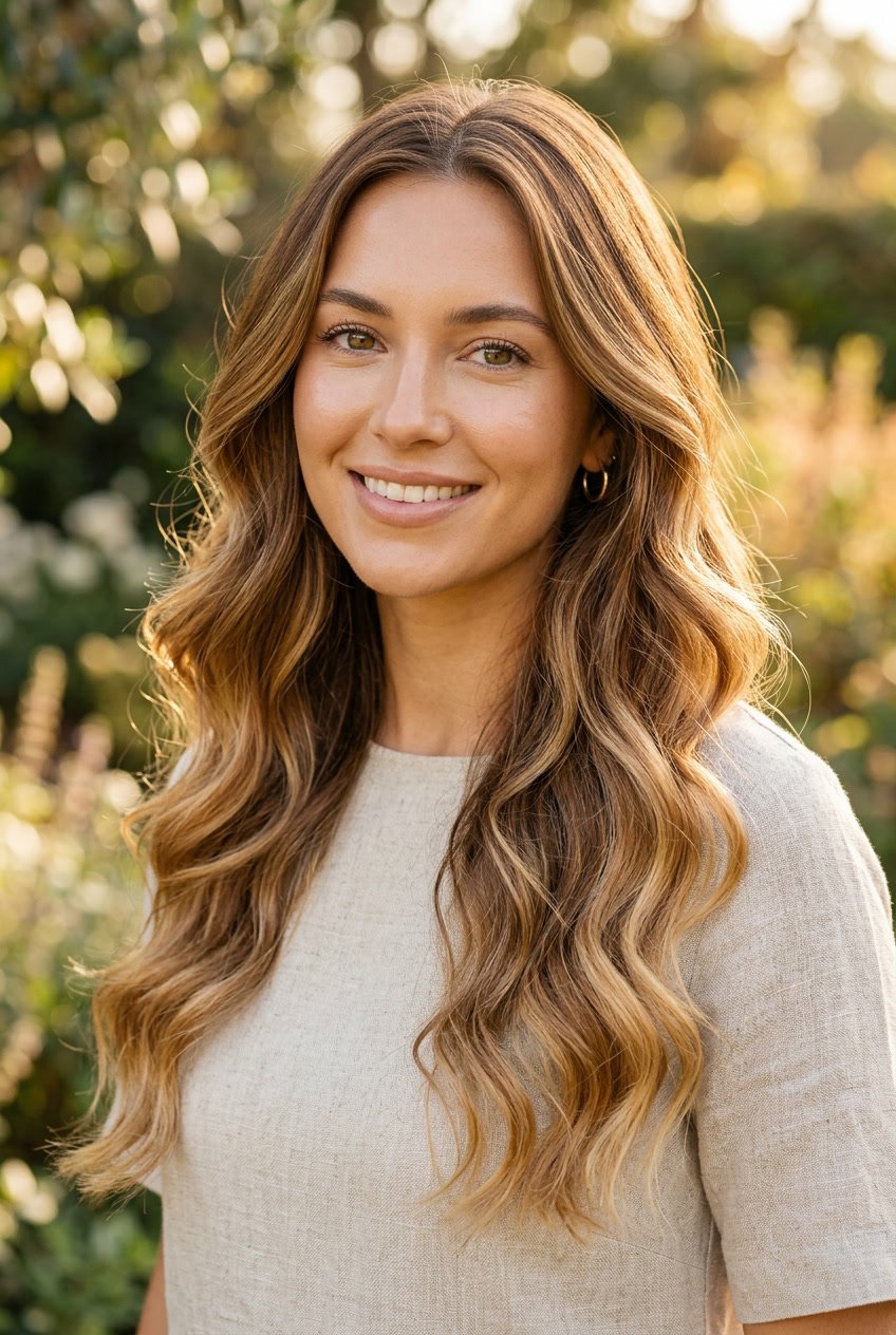 A woman with golden brown hair and sun-kissed ends, smiling softly with loose waves in her hair against a natural background.