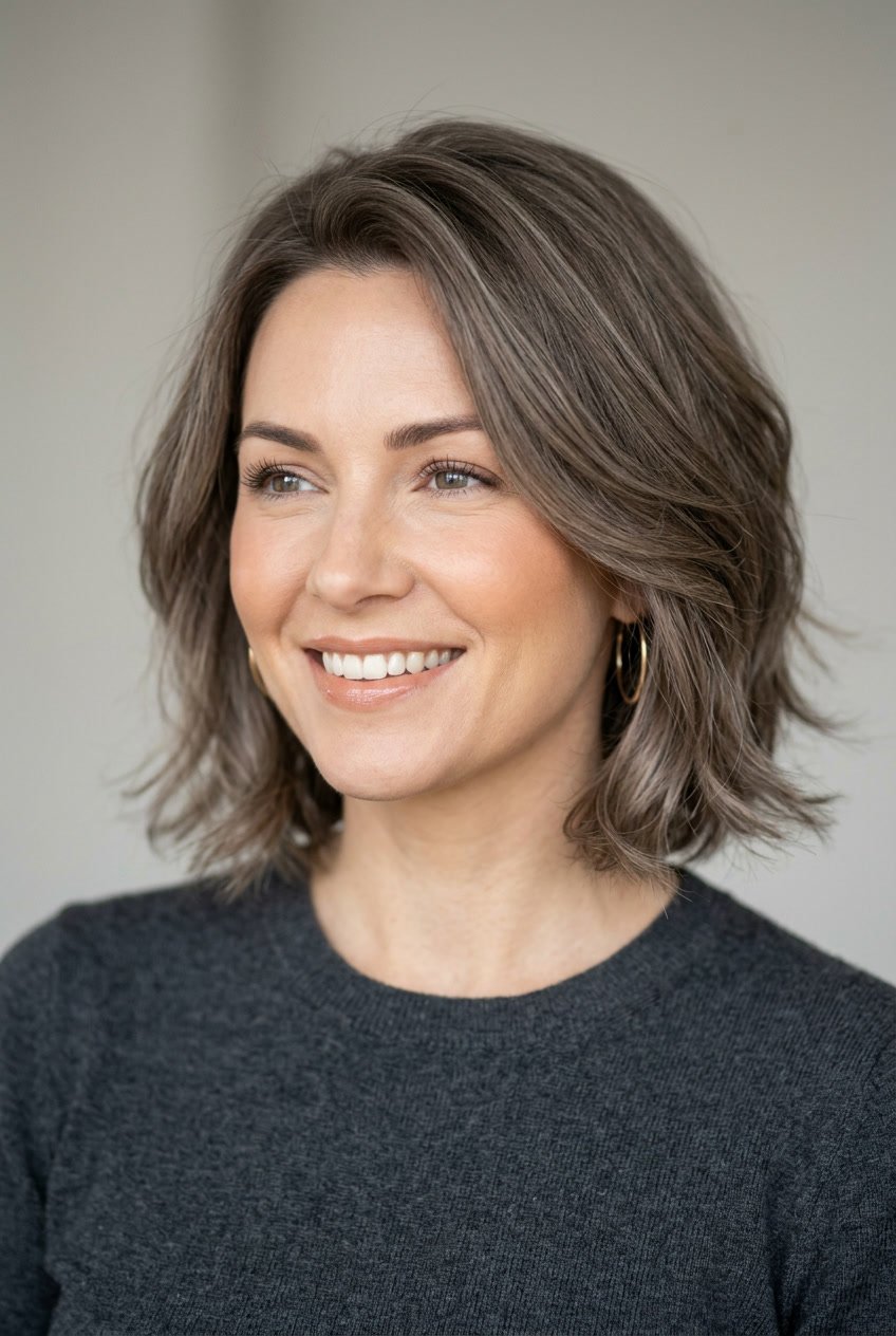 A woman with short ash brown layered hair smiling in a neutral studio setting.