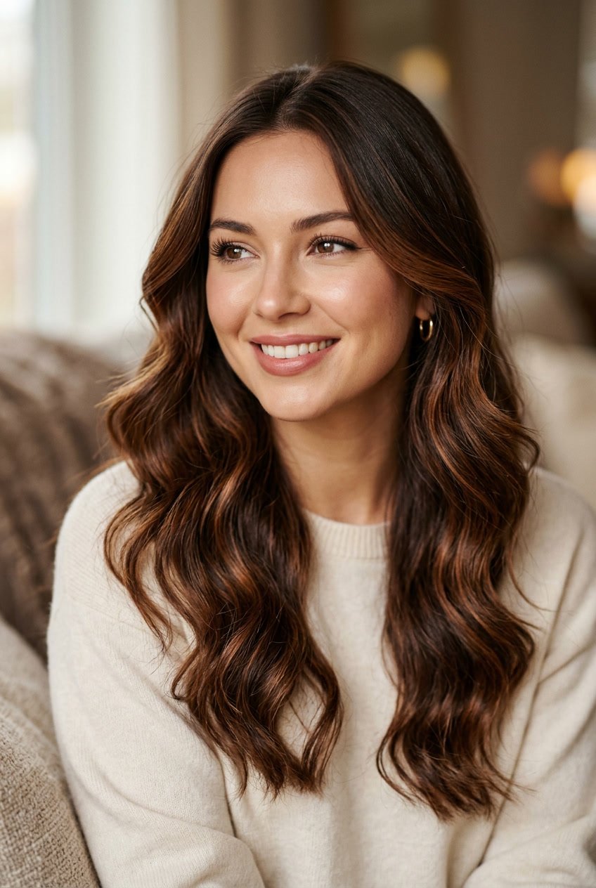 Close-up of a woman with chocolate brown hair and warm auburn highlights smiling gently against a softly blurred background.