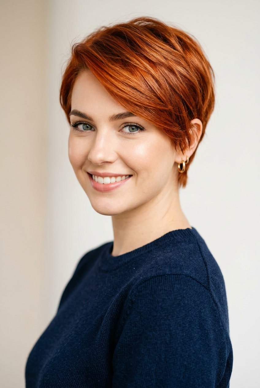 A young woman with short copper red hair looking confidently at the camera against a plain background.