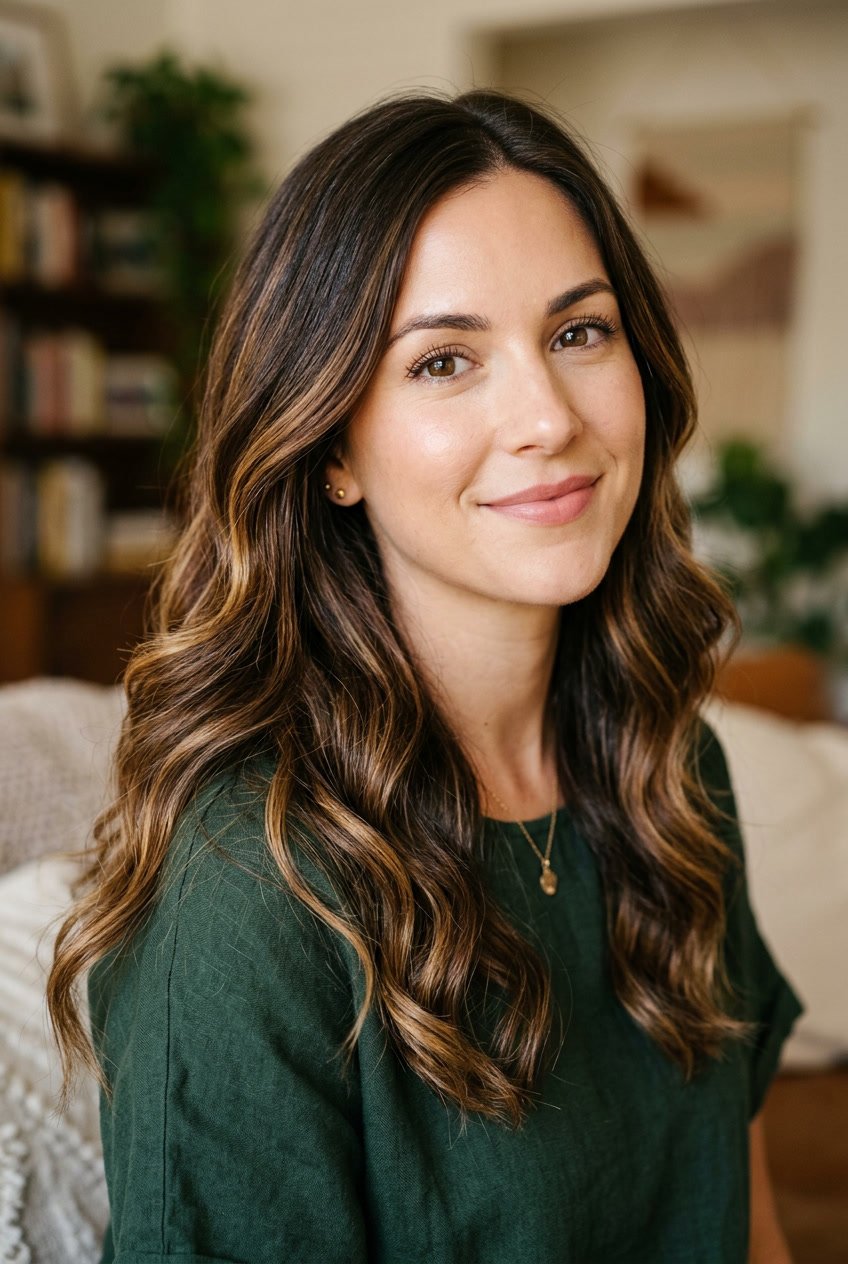 Close-up of a woman with warm brown hair and honey-colored tips, smiling gently.