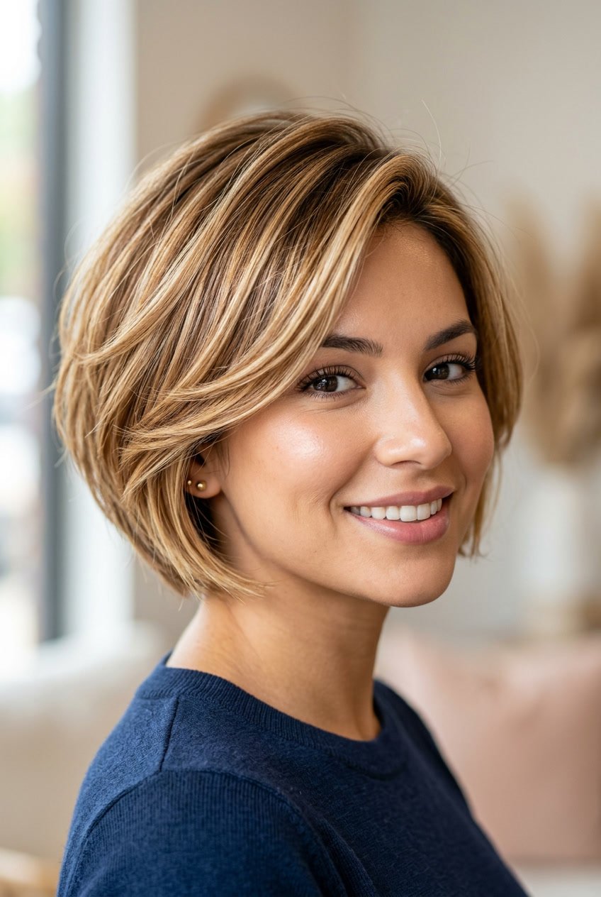 Close-up of a smiling woman with short honey blonde highlighted hair against a neutral background.