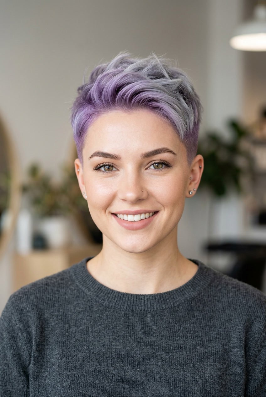 Close-up of a young woman with short lavender-tinted fade hairstyle against a neutral background.