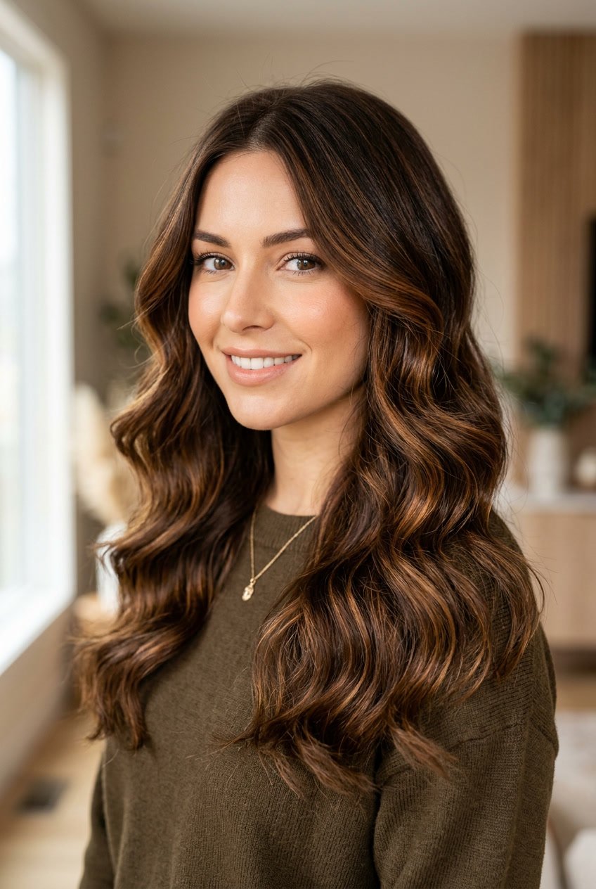 Close-up of a woman with warm mocha brown hair and amber highlights, smiling softly.
