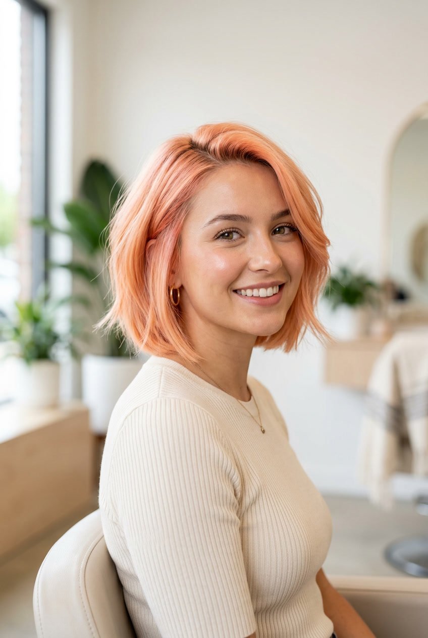 A young woman with a peachy pastel bob hairstyle smiling gently against a clean background.