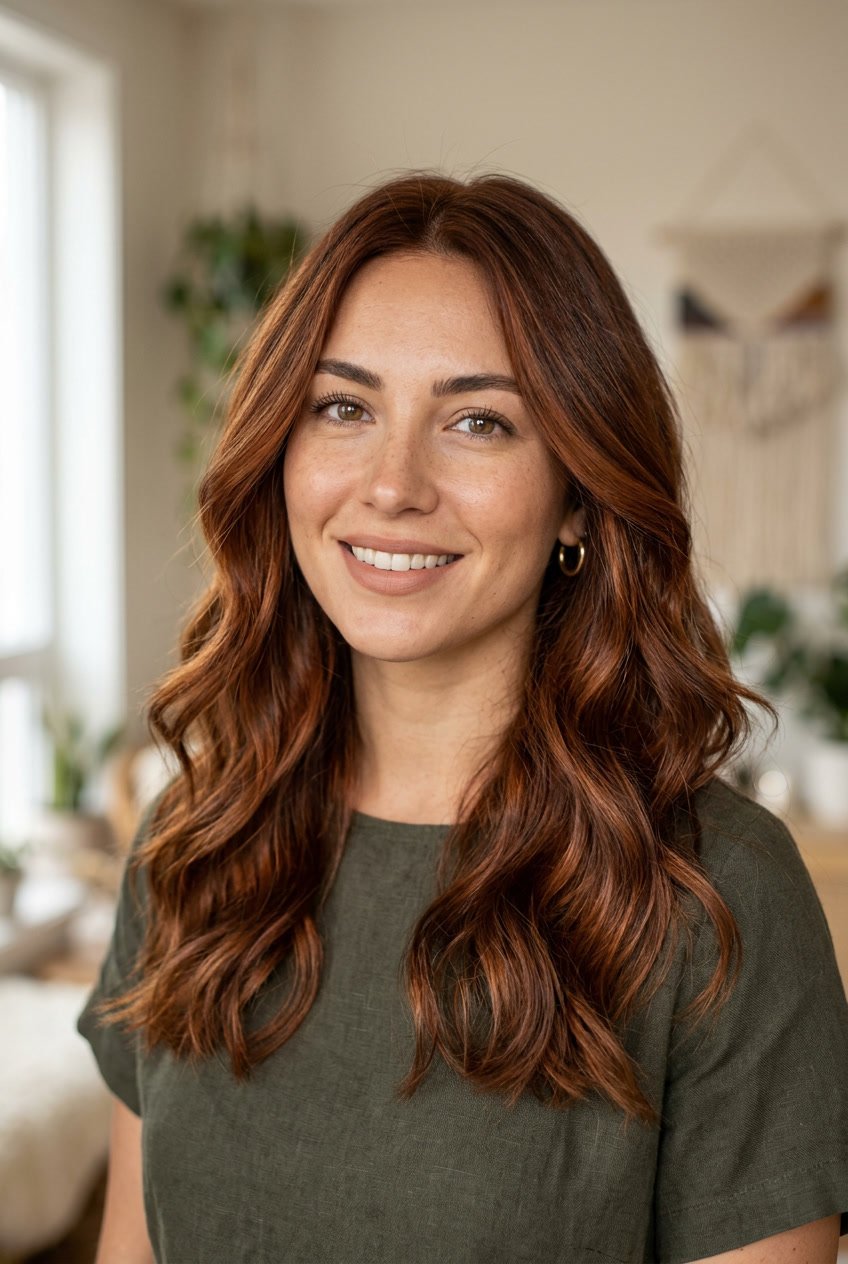 Close-up of a woman with rust brown hair featuring soft blended tones, looking confidently at the camera against a neutral background.