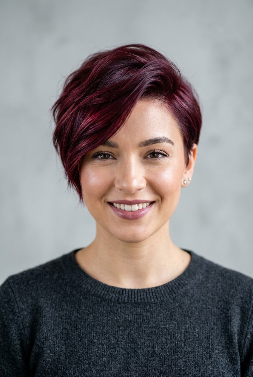 A young woman with short burgundy hair styled in a sweeping look, smiling slightly against a plain background.