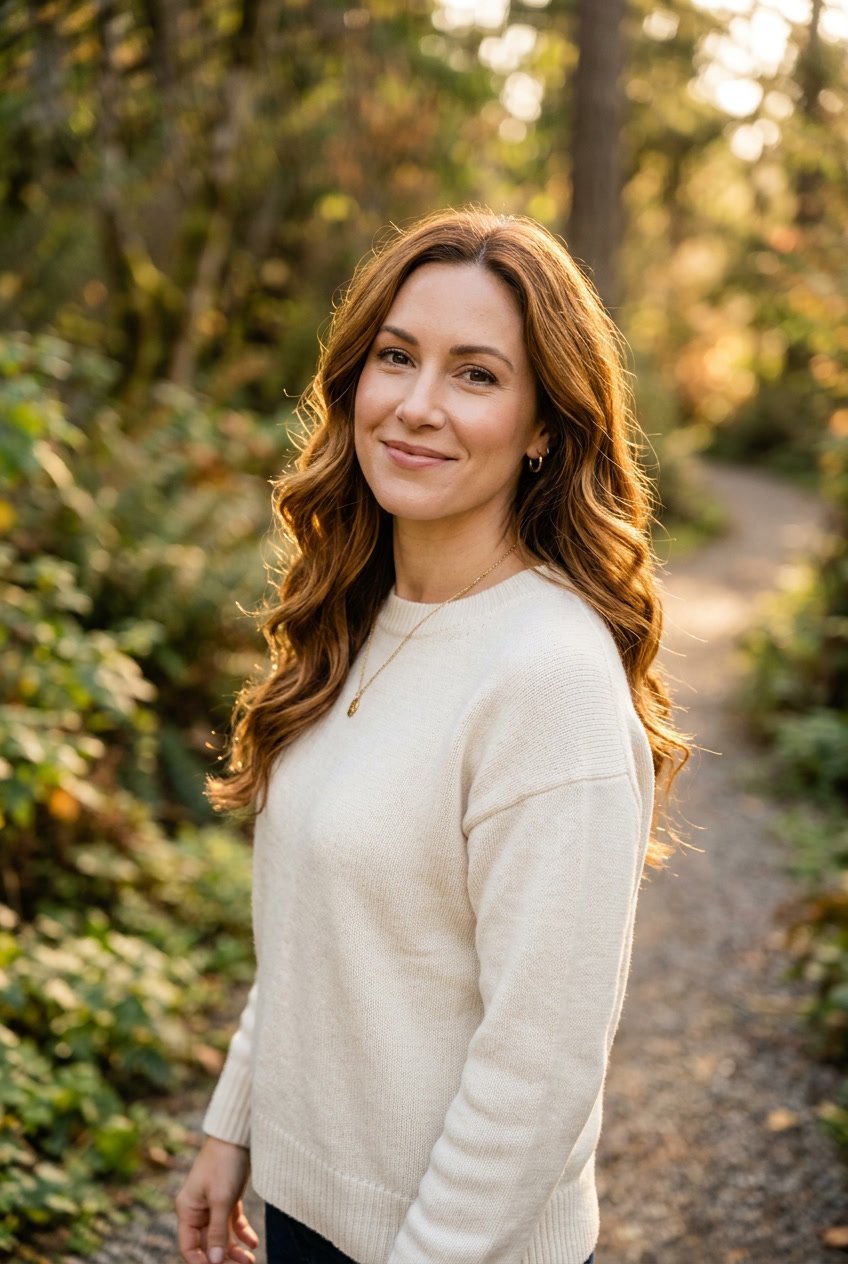 A woman with warm amber brown hair smiling outdoors with a blurred natural background.
