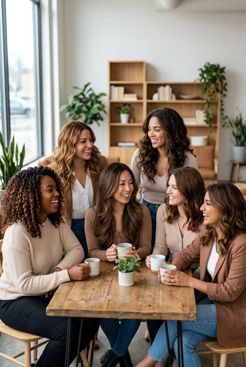 A group of women with different warm brown hair shades smiling and interacting in a bright, modern indoor space.