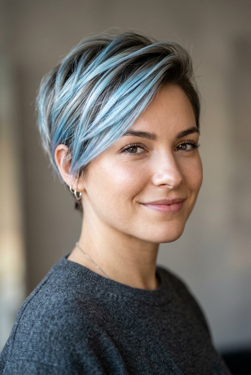 Close-up of a person with short hair featuring icy blue streaks against a neutral background.
