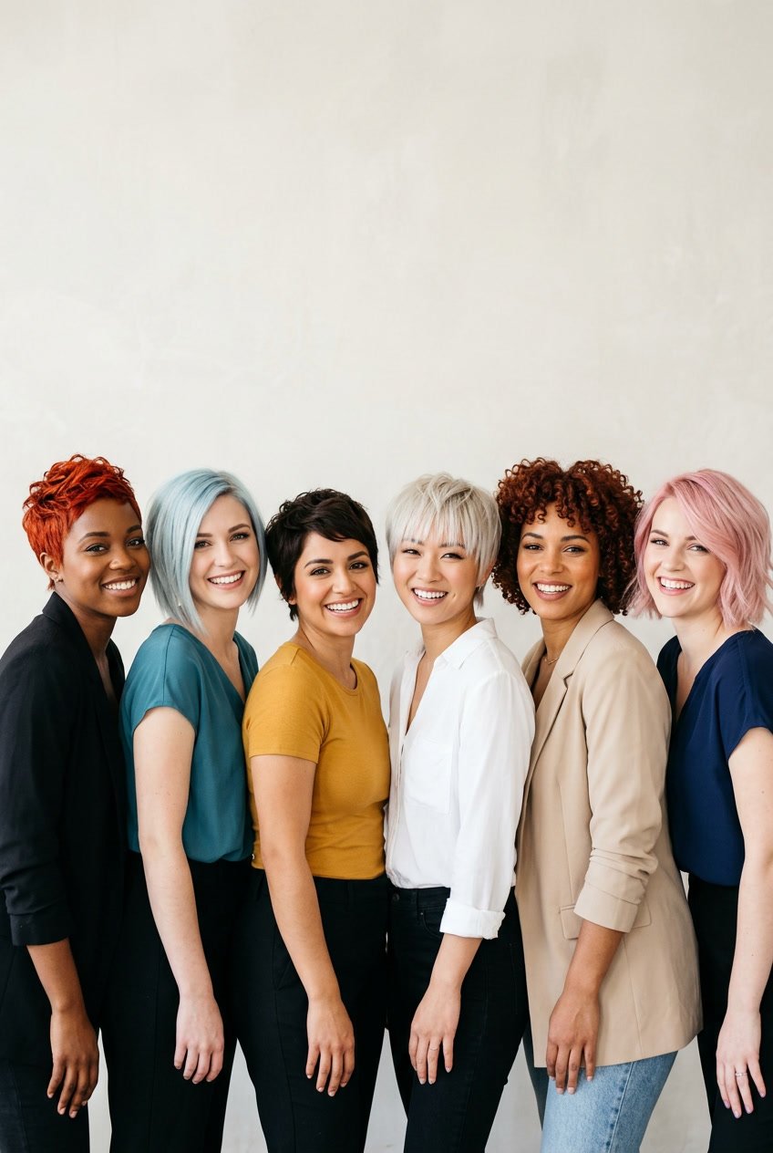 A group of women with short hair in various vibrant colors smiling against a plain background.