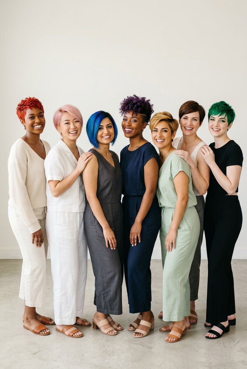 A group of women with short, brightly colored hair smiling against a plain background.