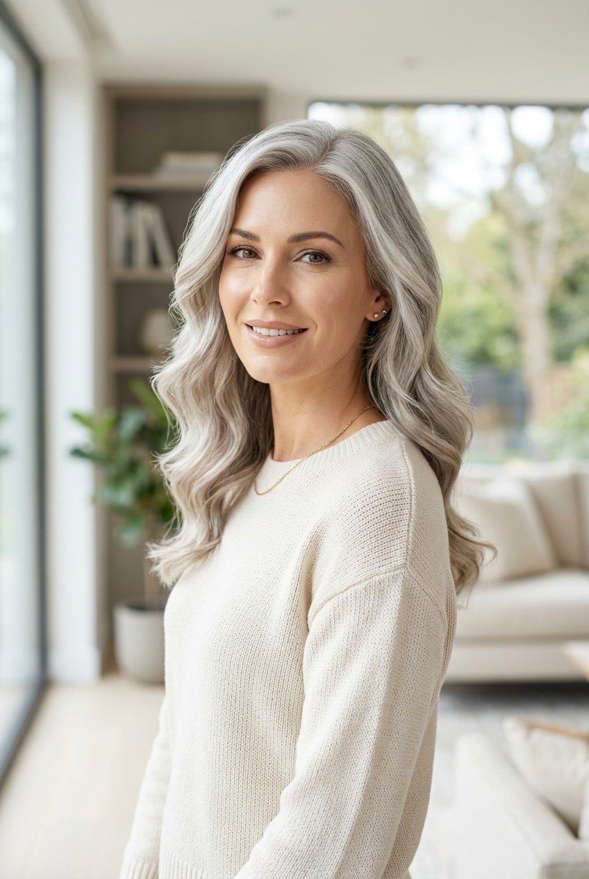 A woman with silver ash blonde hair styled in soft waves, looking confidently in a bright indoor setting.