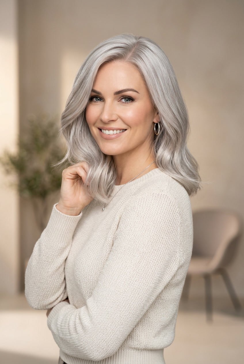 A woman with sleek platinum ash hair posing against a neutral background.