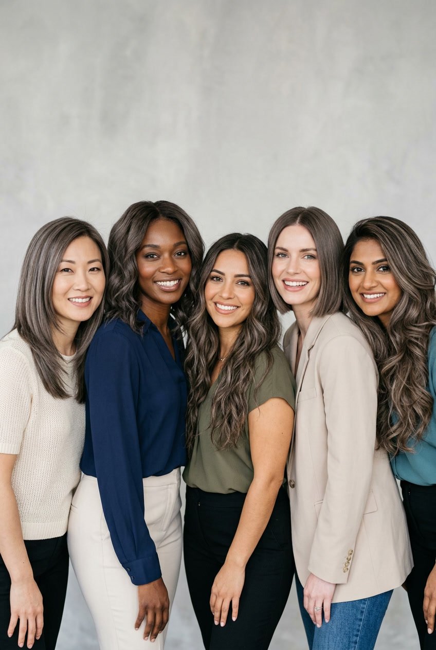 A group of women with different cool ash brown hair colors smiling in a bright studio.