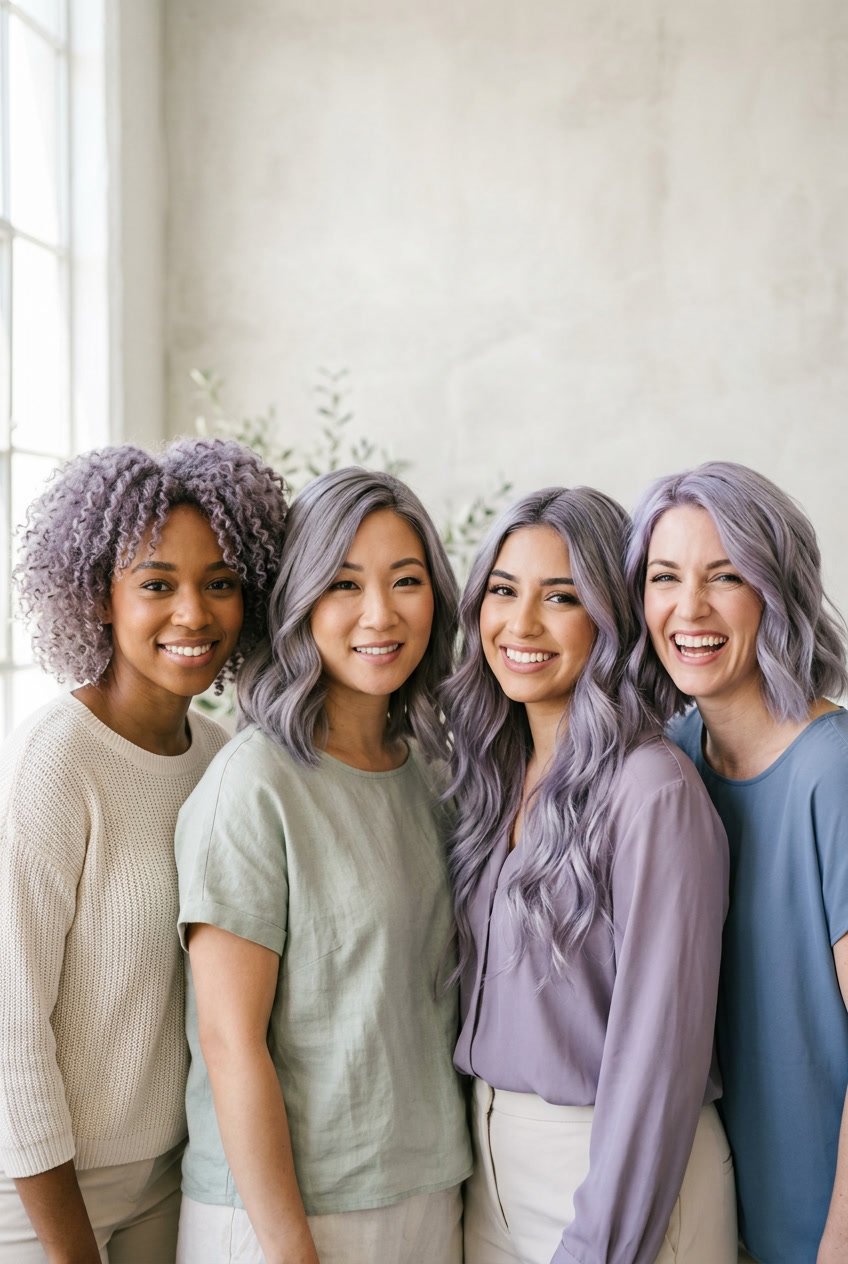 A group of women with different ash lavender hair colors posing together in a studio.