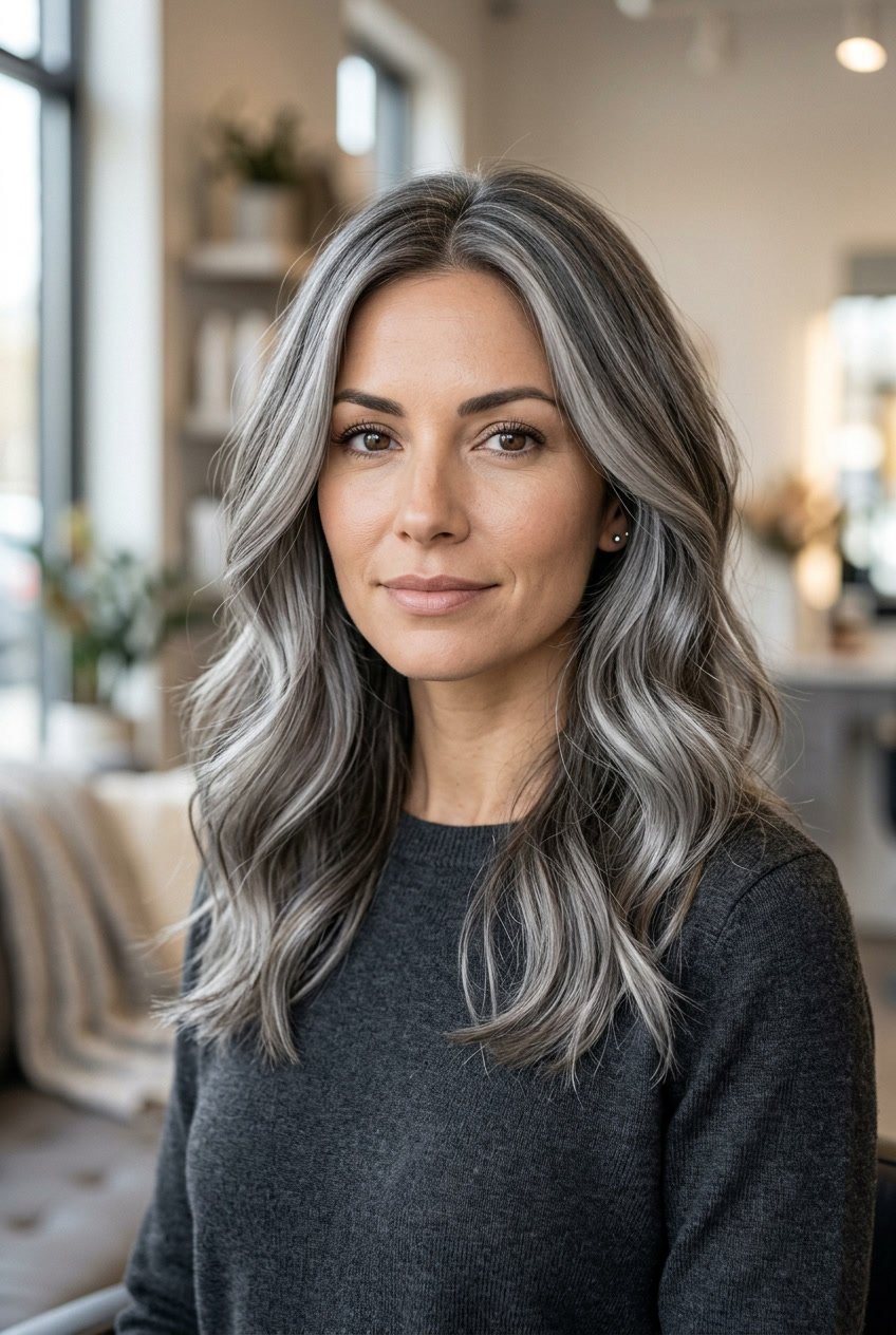 Close-up portrait of a woman with ash gray balayage hair styled in loose waves, looking confidently at the camera.