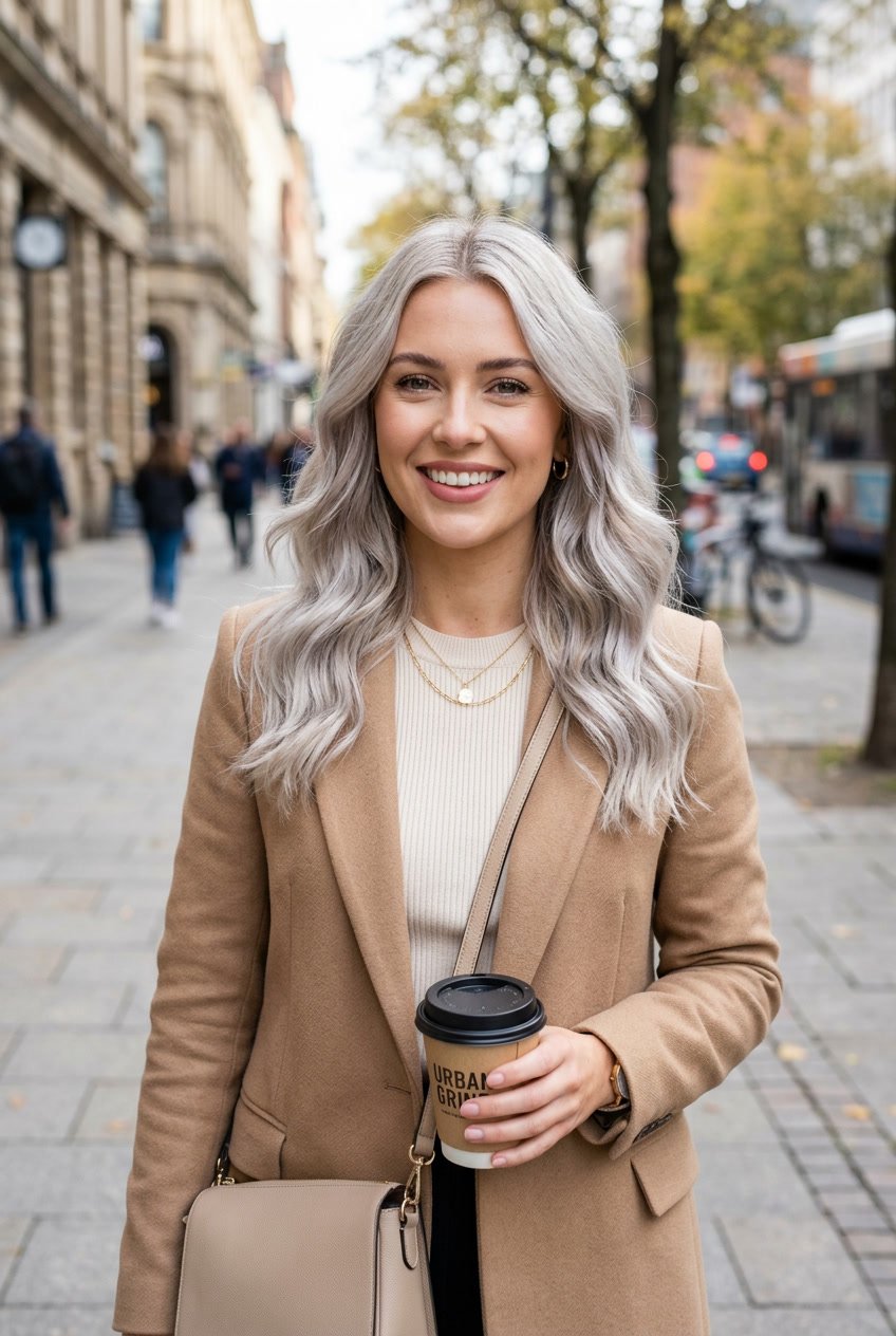 A woman with icy ash blonde hair styled in soft waves, standing outdoors with a blurred city background.