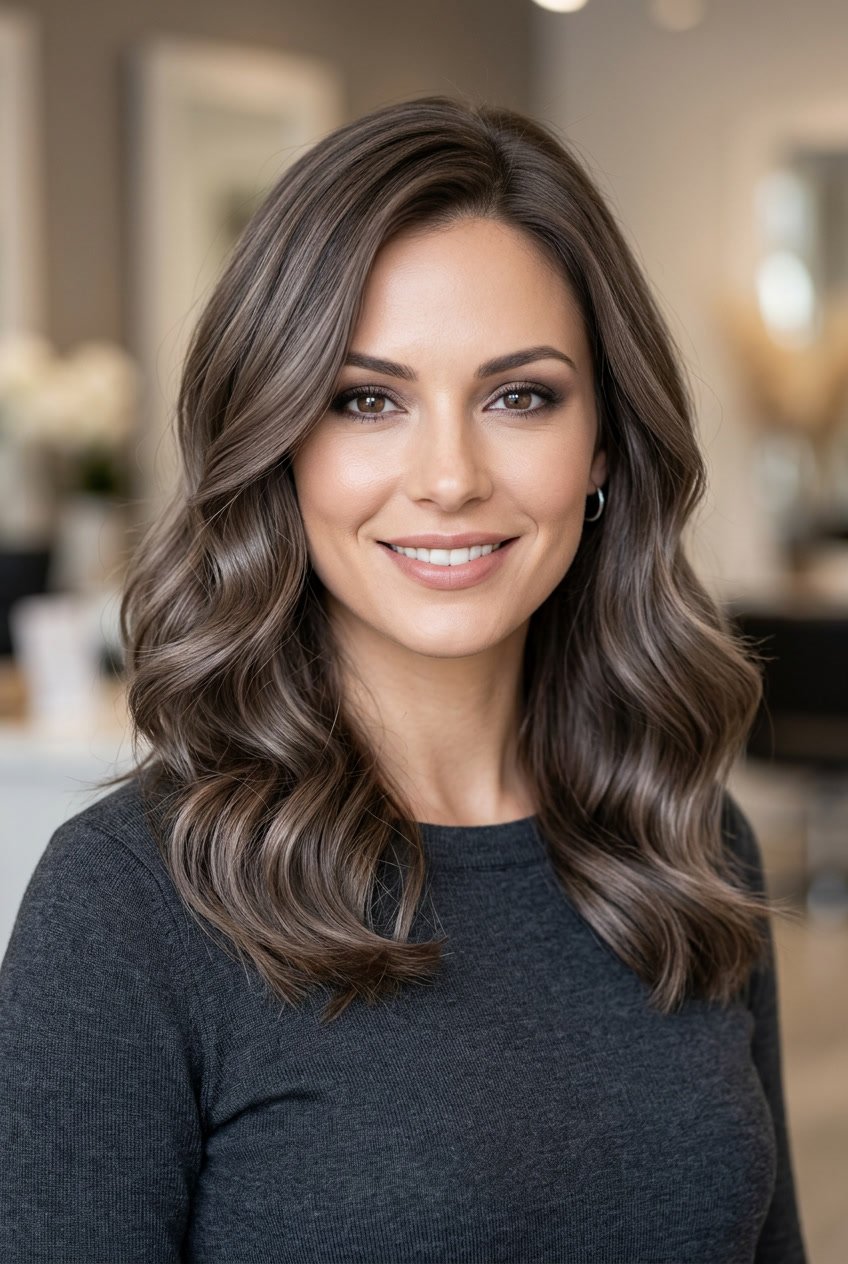 A woman with medium-length smoky ash brown hair styled in loose waves, looking confidently at the camera with a neutral background.