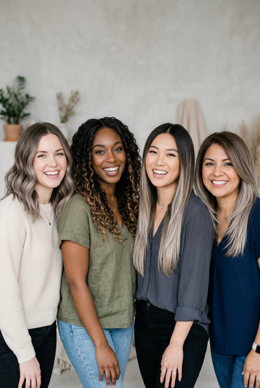 A group of women with different ash brown ombre hairstyles posing together against a simple background.