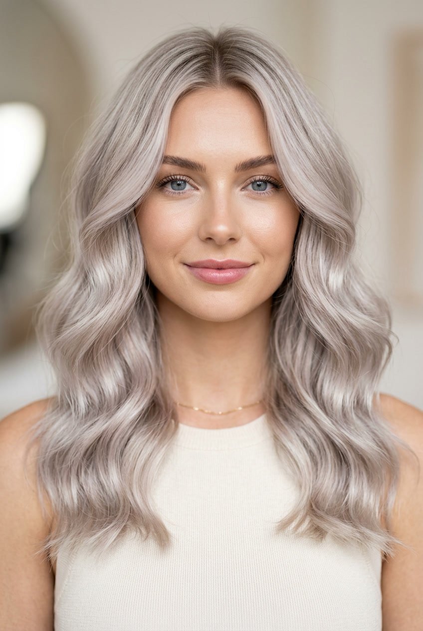 A woman with pearl ash blonde hair shown from the shoulders up against a soft, neutral background.