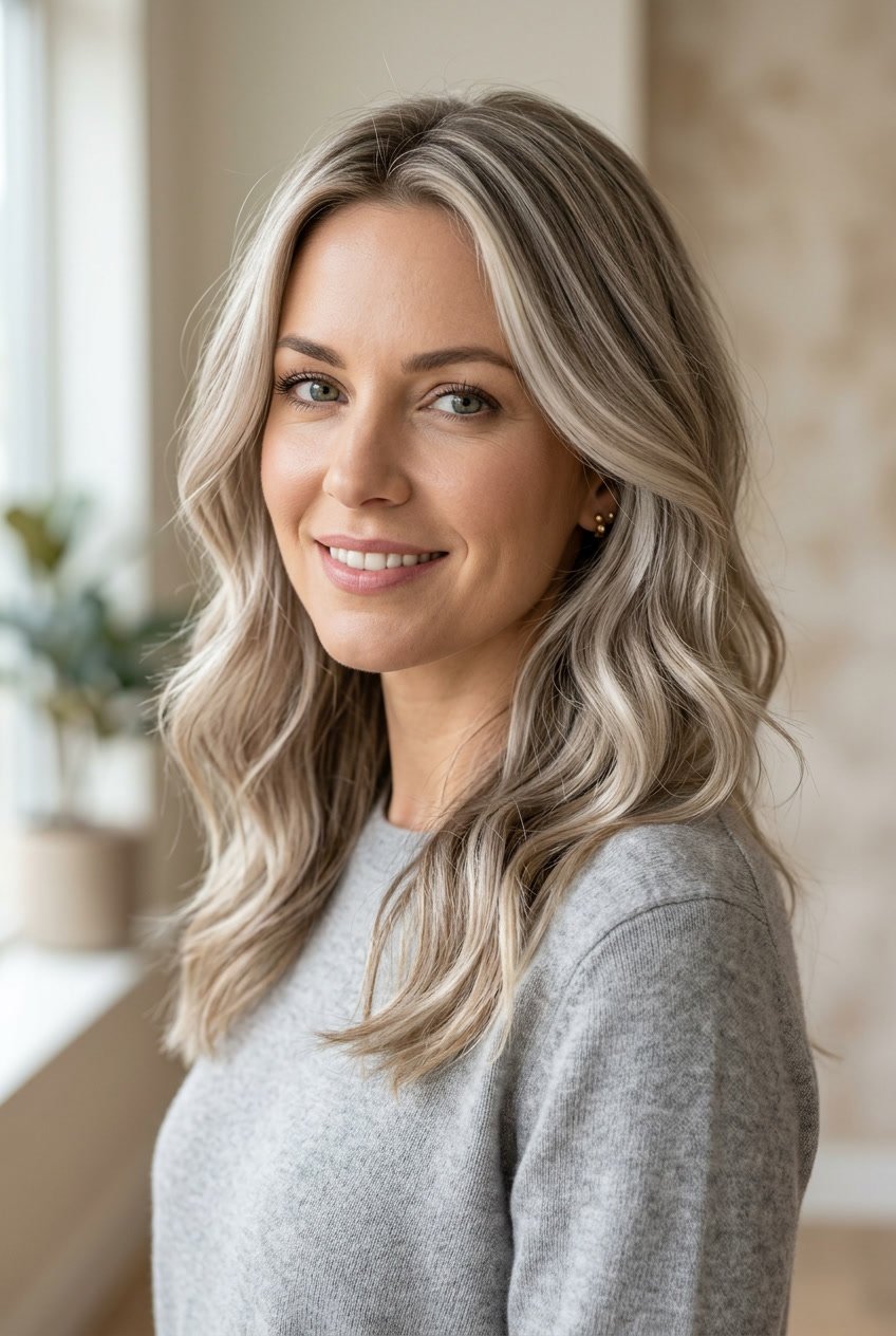A woman with ash blonde highlighted hair styled in loose waves, looking confidently at the camera against a neutral background.