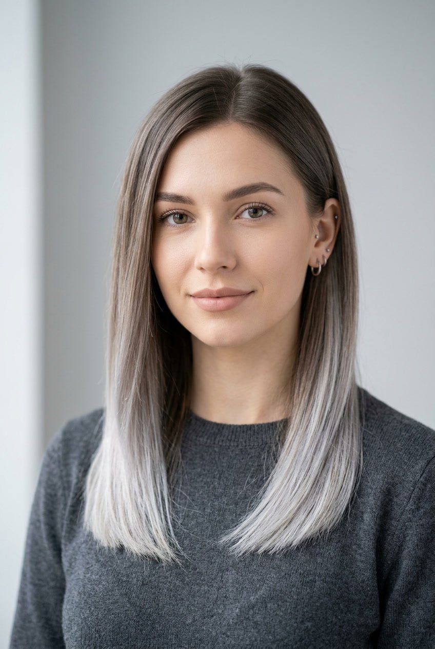 Portrait of a woman with straight hair featuring frosted ash blonde tips against a plain background.