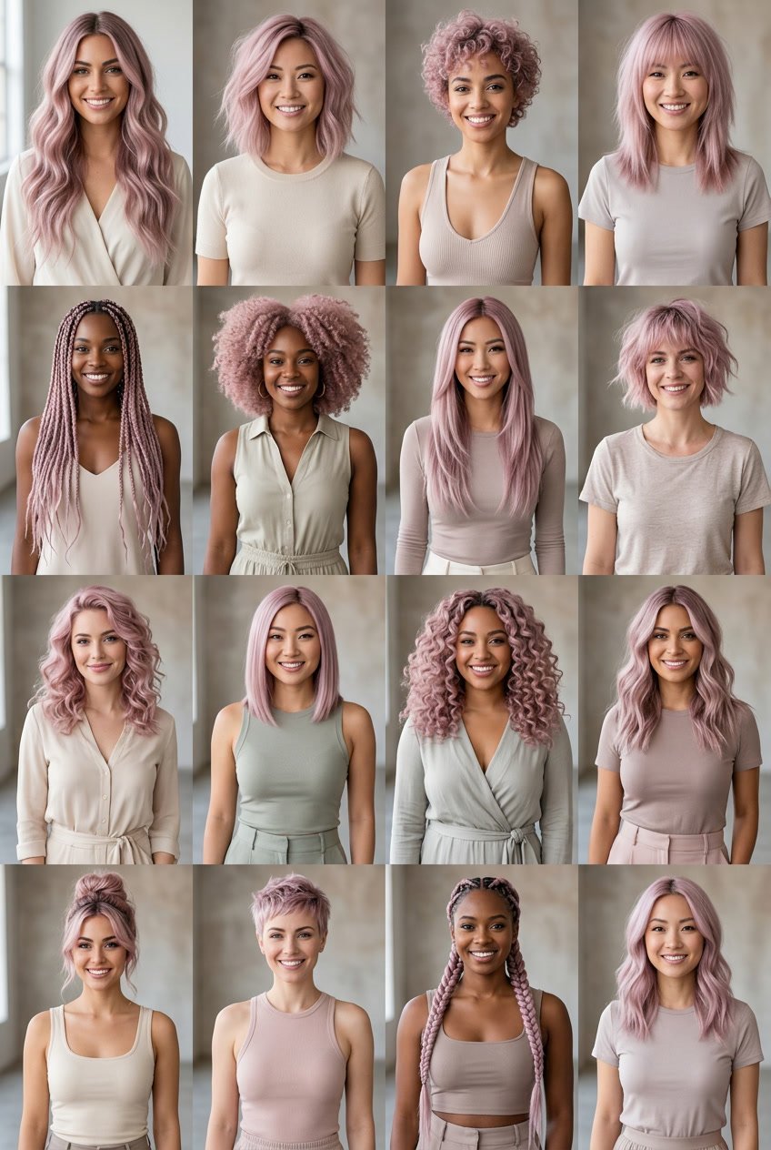 A group of women with various ash pastel pink hair colors and styles posing together in a studio.