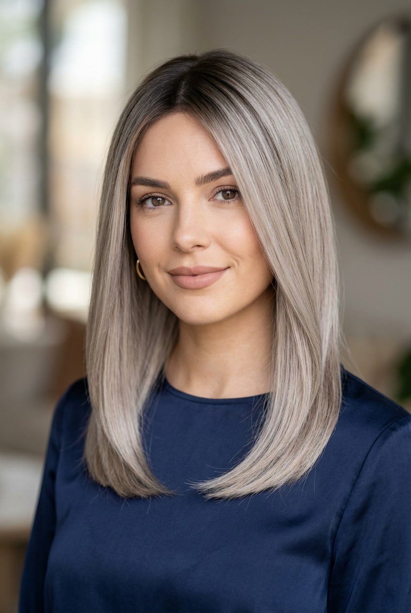 Close-up of a woman with ash blonde hair and dark roots looking slightly to the side.
