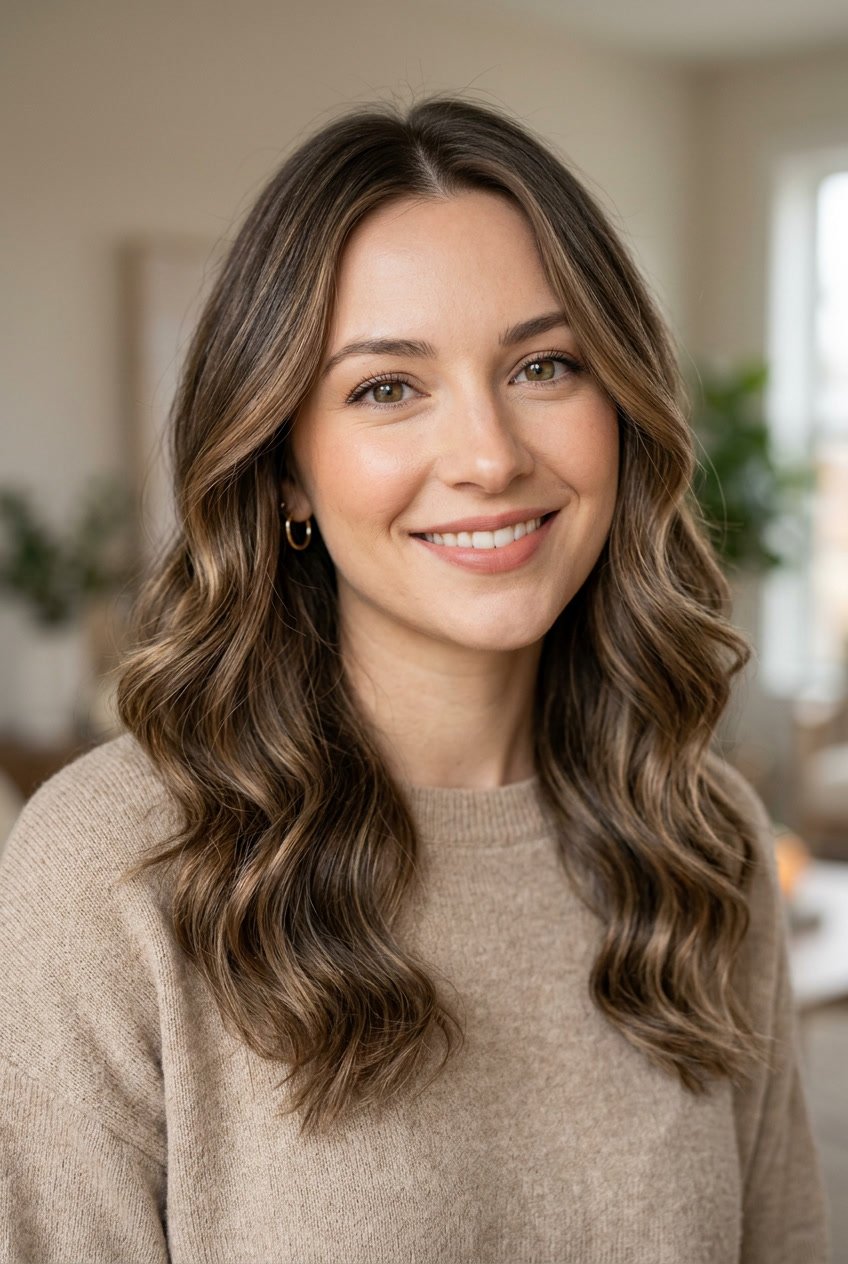 Close-up portrait of a woman with ash brown hair and caramel highlights, smiling gently against a neutral background.
