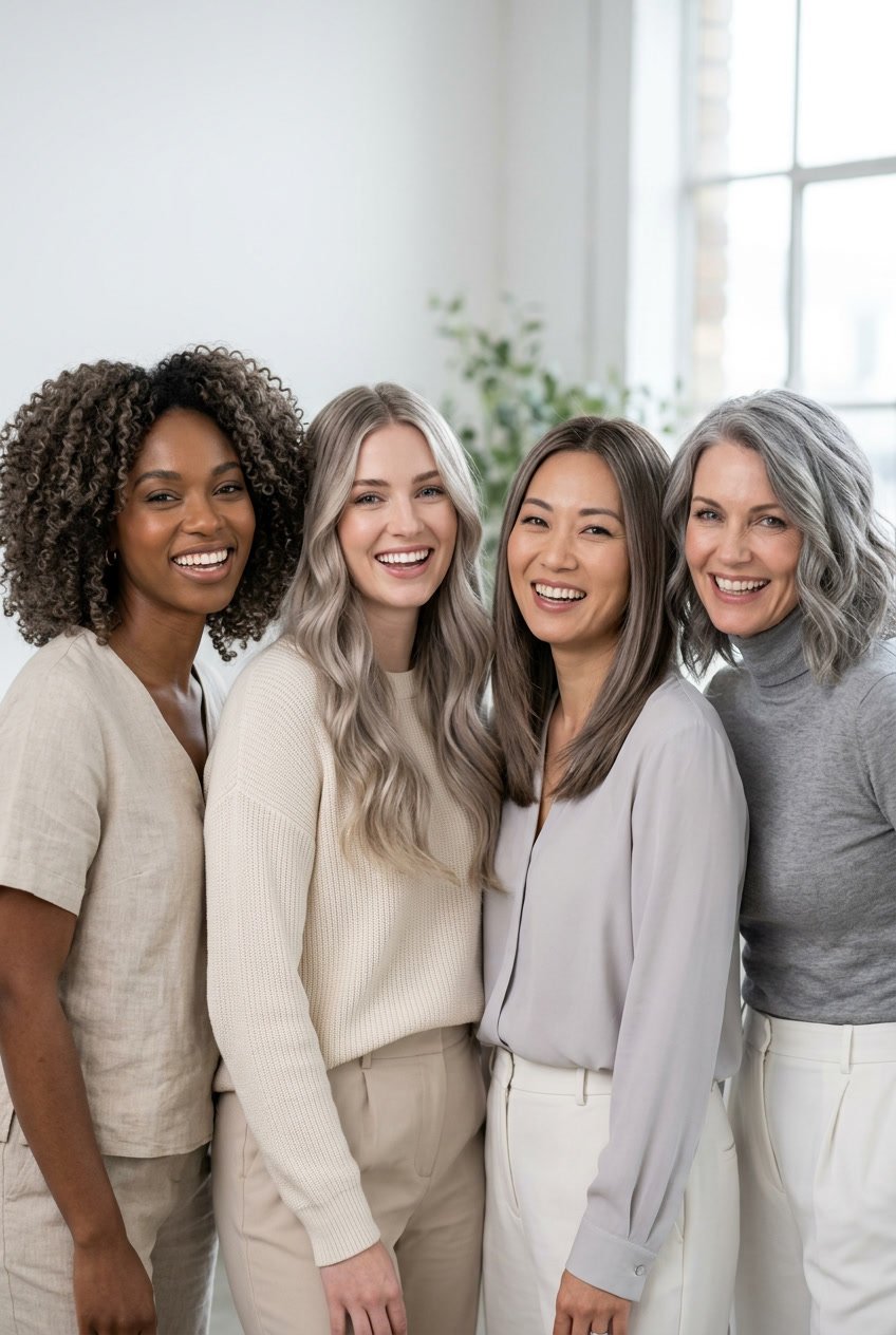 A group of women with different ash hair colors and hairstyles smiling in a bright studio.