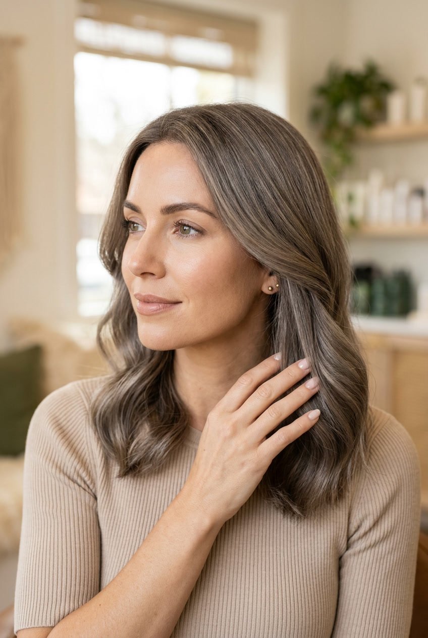 Close-up of a woman with ash-colored hair gently touching her hair, with a softly blurred background.