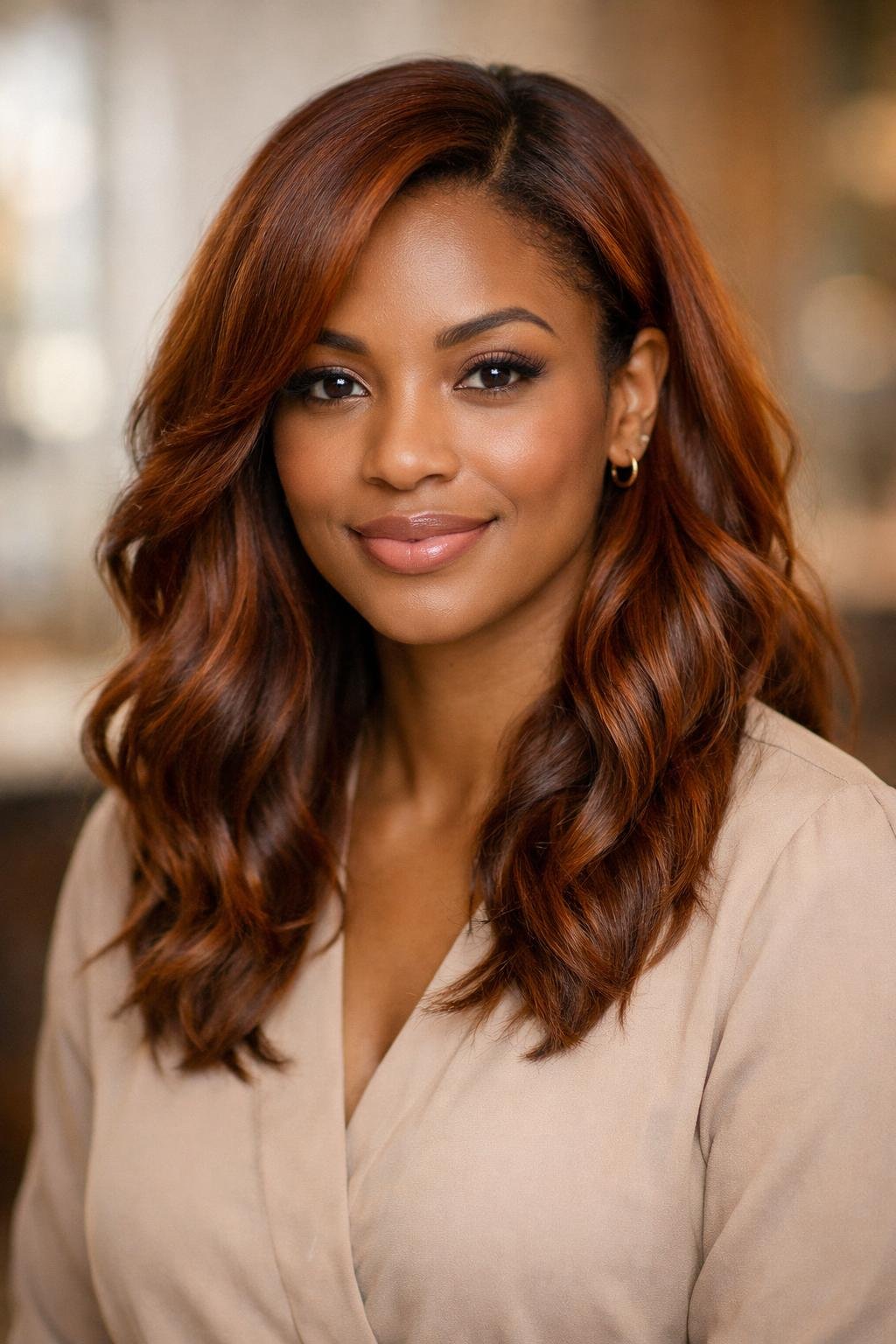 A dark-skinned woman with warm copper brown wavy hair smiling gently against a softly blurred background.