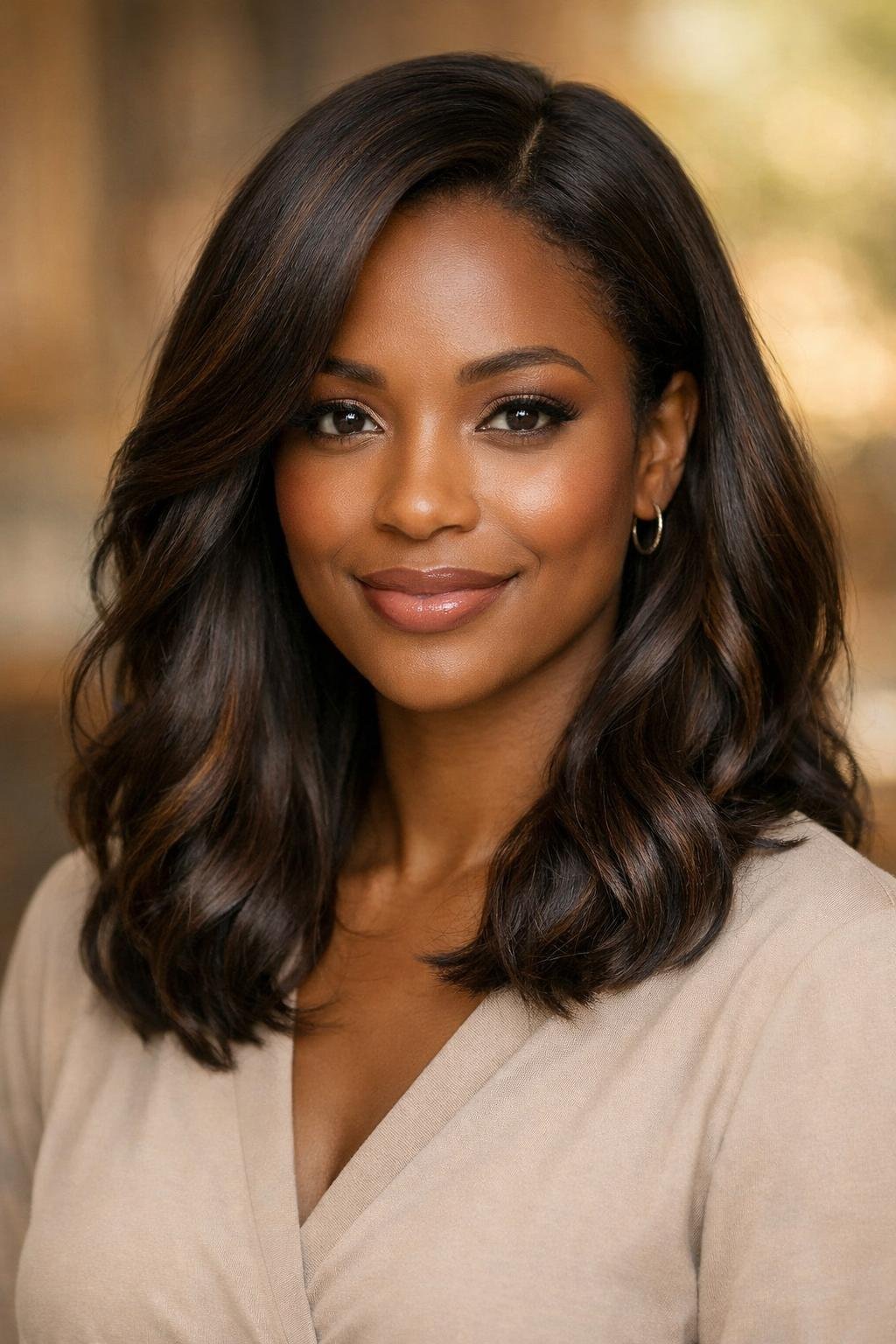 A dark-skinned woman smiling with espresso brown hair and caramel lowlights in soft natural light.
