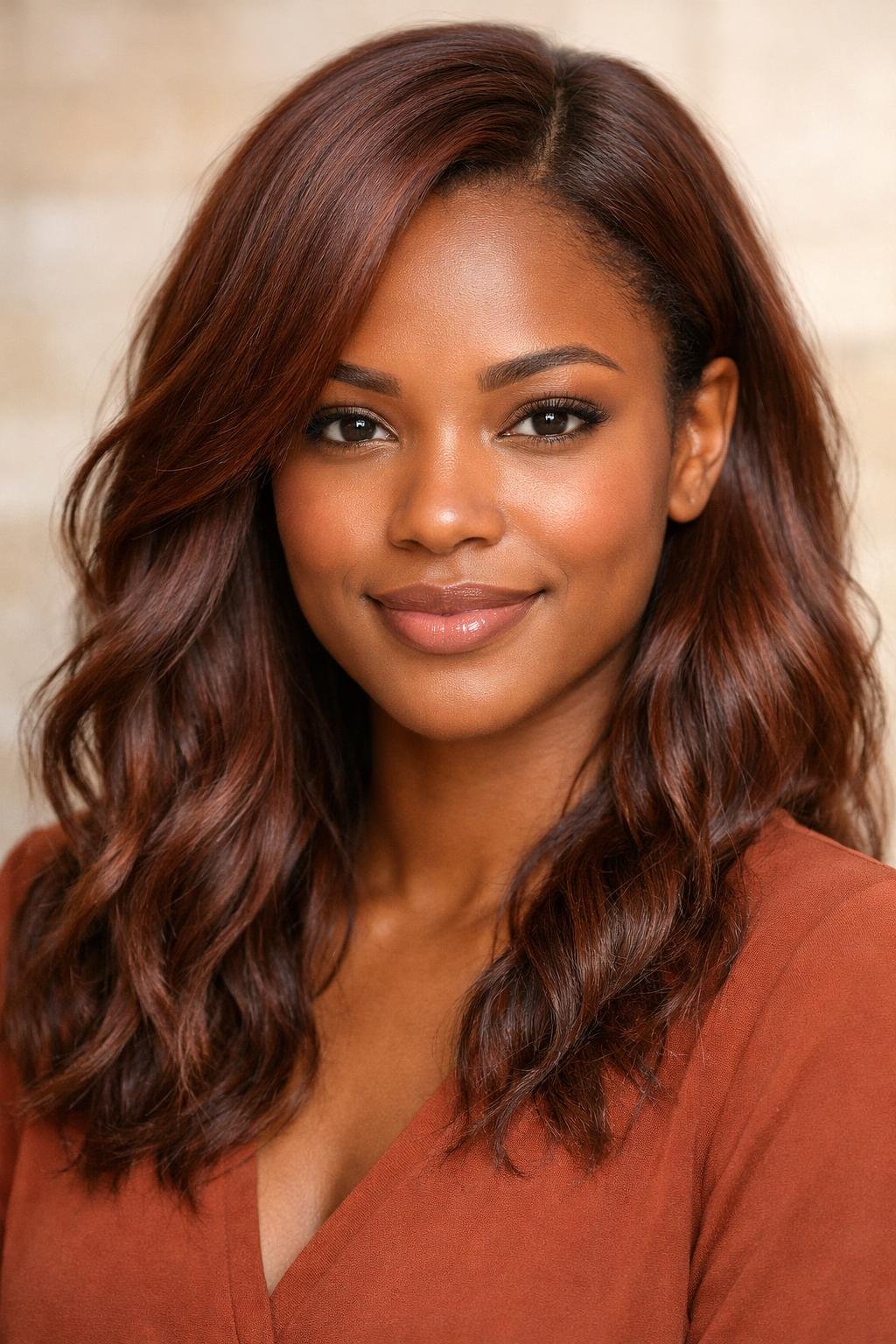 A young dark-skinned woman with warm chestnut rose brown hair styled in soft waves, smiling gently.