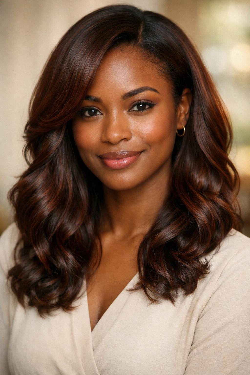 A dark-skinned woman with warm chocolate brown hair featuring red tones, smiling gently with soft waves in her hair.