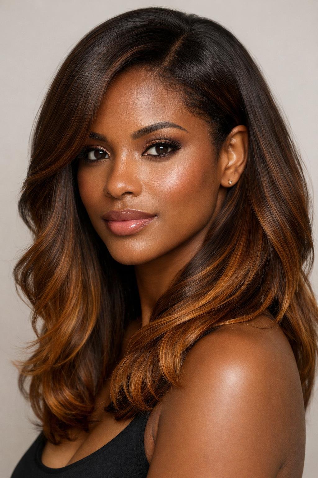 Close-up of a woman with dark skin and warm brown hair with caramelized brown tips, looking confidently at the camera.