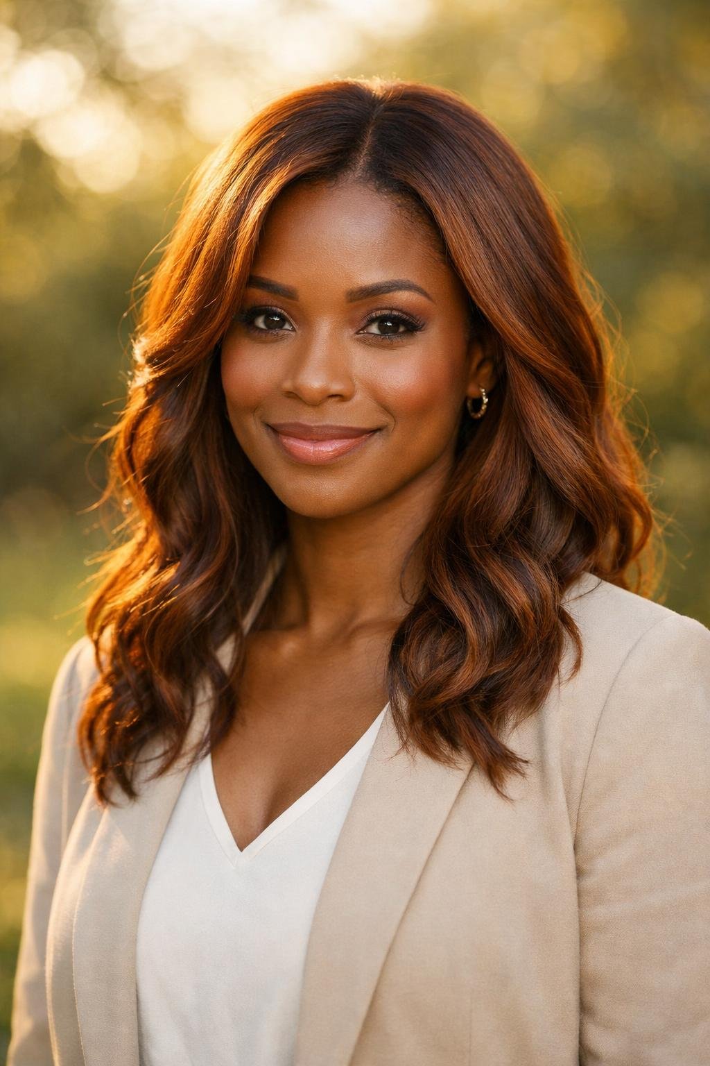 A woman with warm amber brown hair smiling against a natural background.