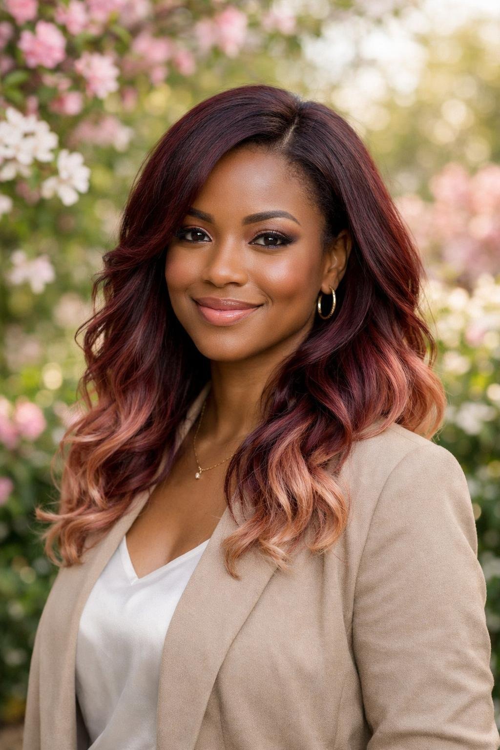 A Black woman with deep burgundy hair and rose gold tips smiling outdoors surrounded by spring flowers and greenery.