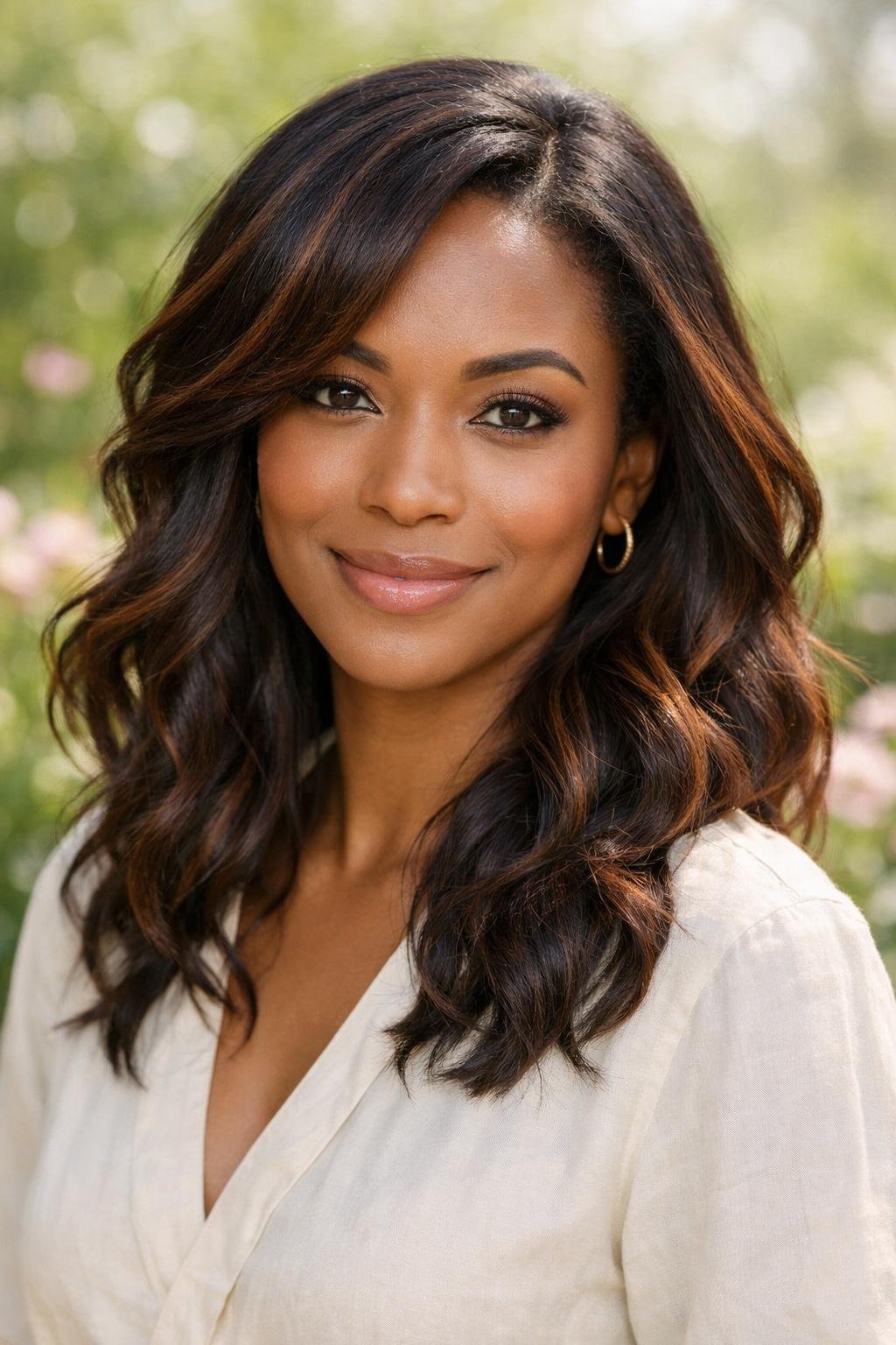 A woman with dark skin tone and dark chocolate hair with cinnamon highlights smiling outdoors with spring greenery and flowers in the background.