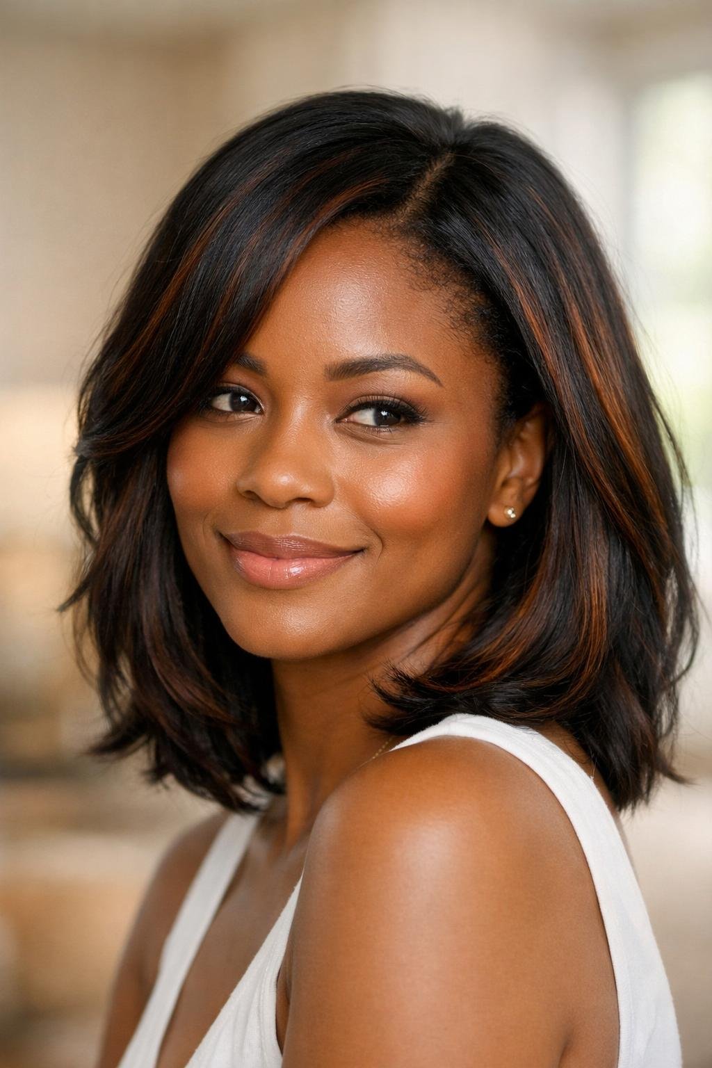 A dark-skinned woman with shoulder-length hair featuring chestnut lowlights, smiling gently in a softly lit indoor setting.