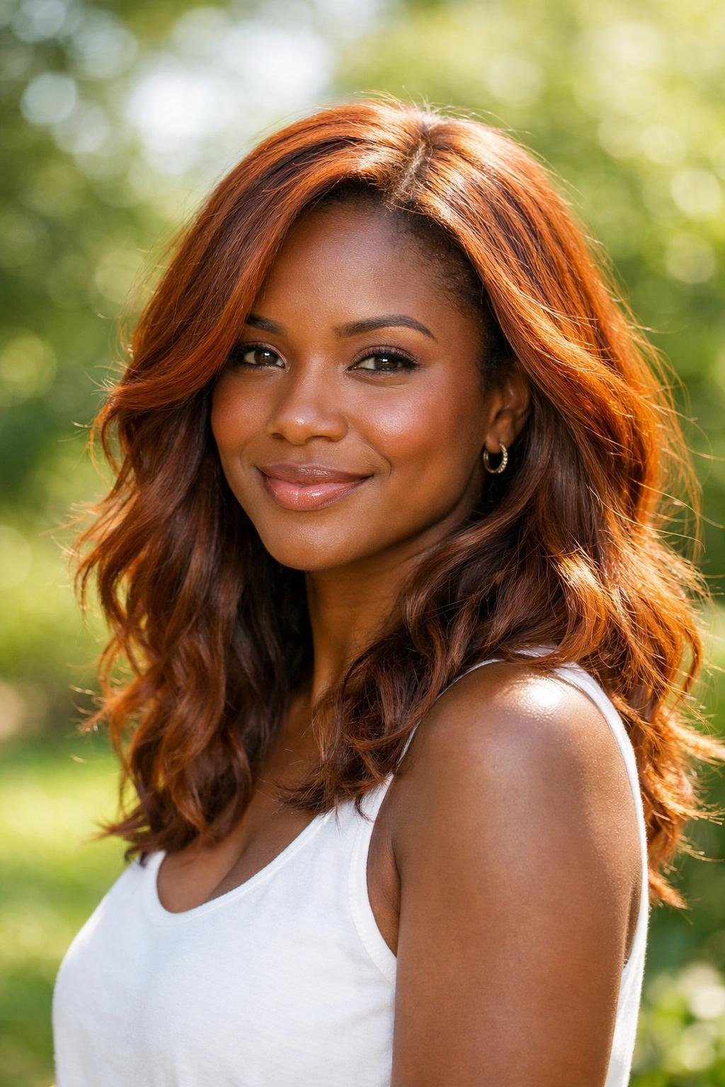 A dark-skinned woman with sun-kissed cinnamon hair smiling outdoors with a blurred green background.