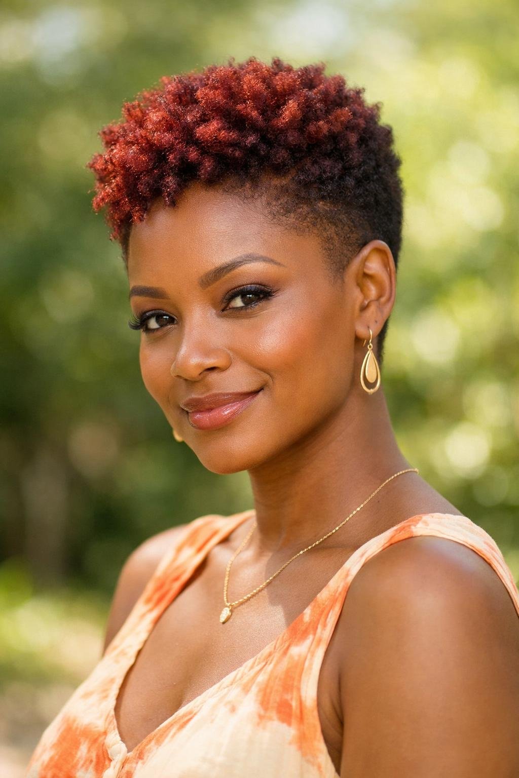 A dark-skinned woman outdoors with a reddish mahogany fade hairstyle, smiling gently with greenery in the background.