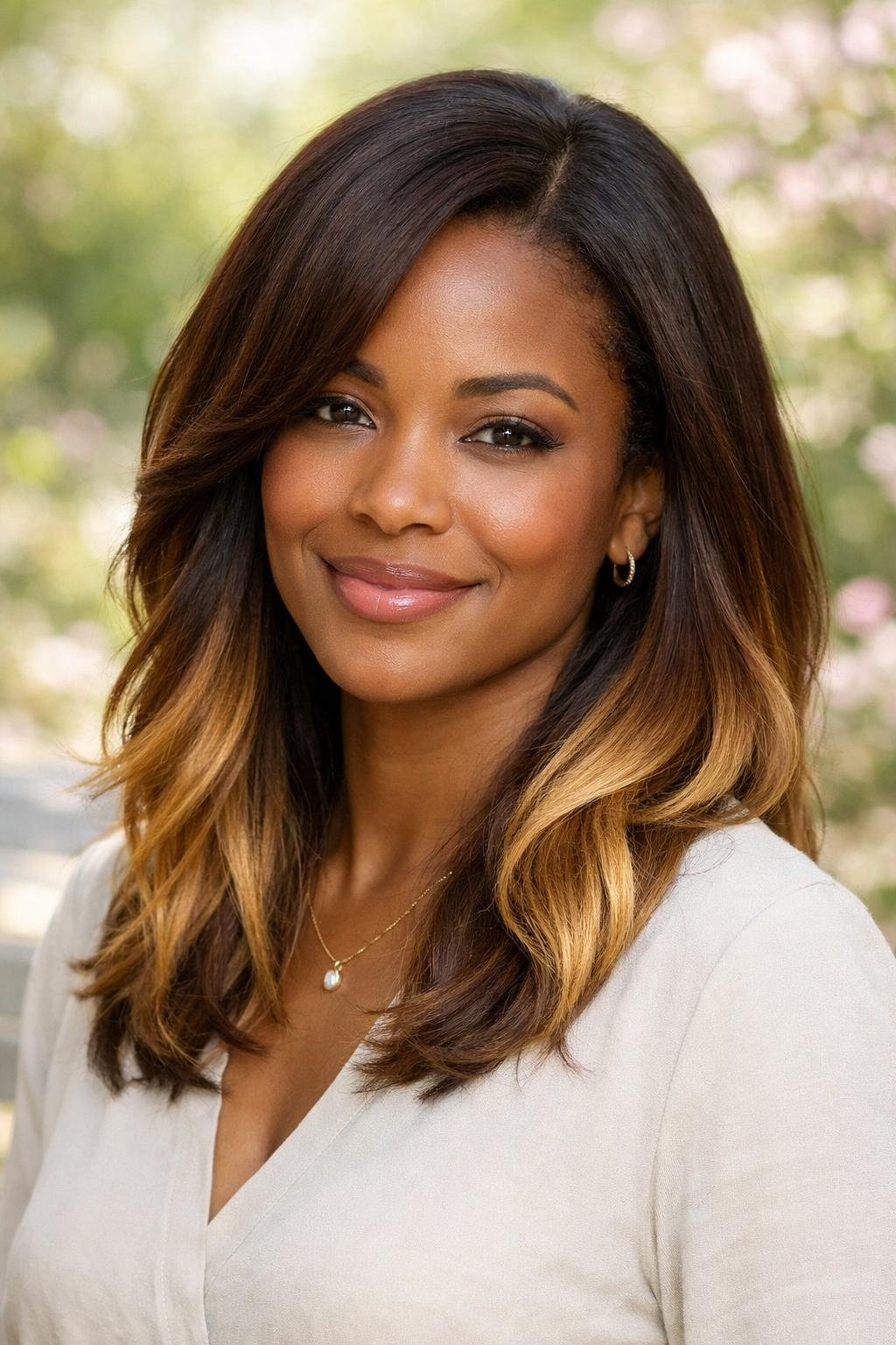 A smiling dark-skinned woman outdoors with cocoa brown hair and golden blonde tips, surrounded by soft greenery and spring flowers.