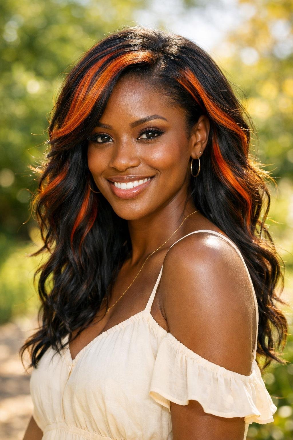 A dark-skinned woman outdoors with vibrant saffron streaks in her hair, smiling against a natural green background.