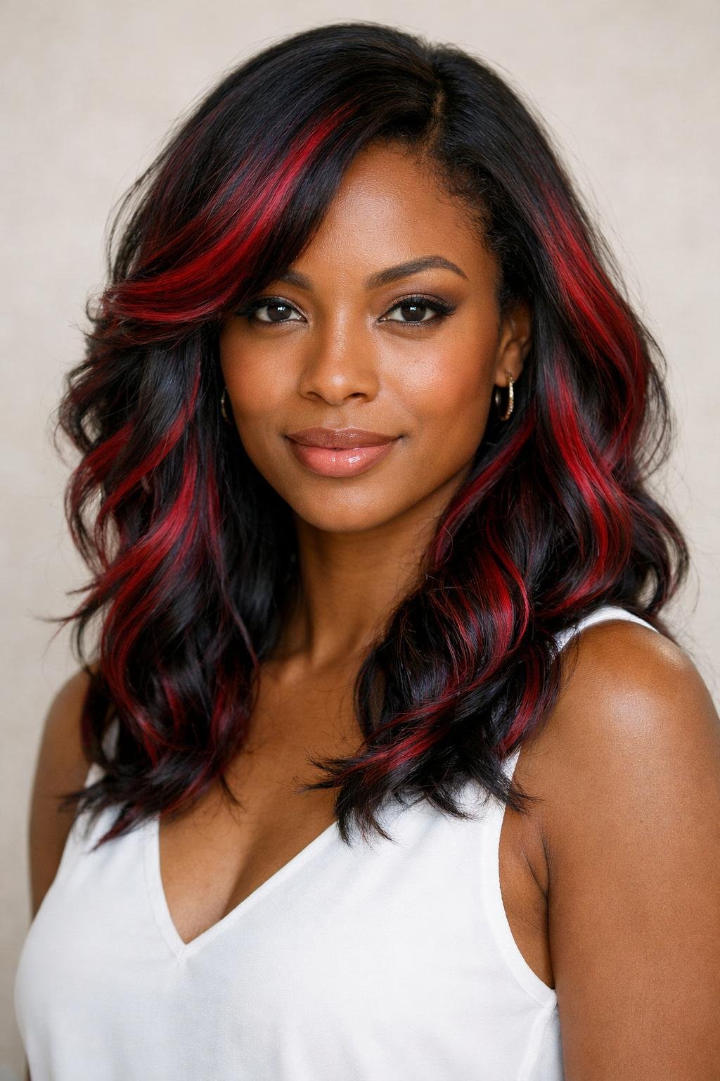 A woman with dark skin and wavy hair colored midnight brown with ruby red streaks, posing against a neutral background.