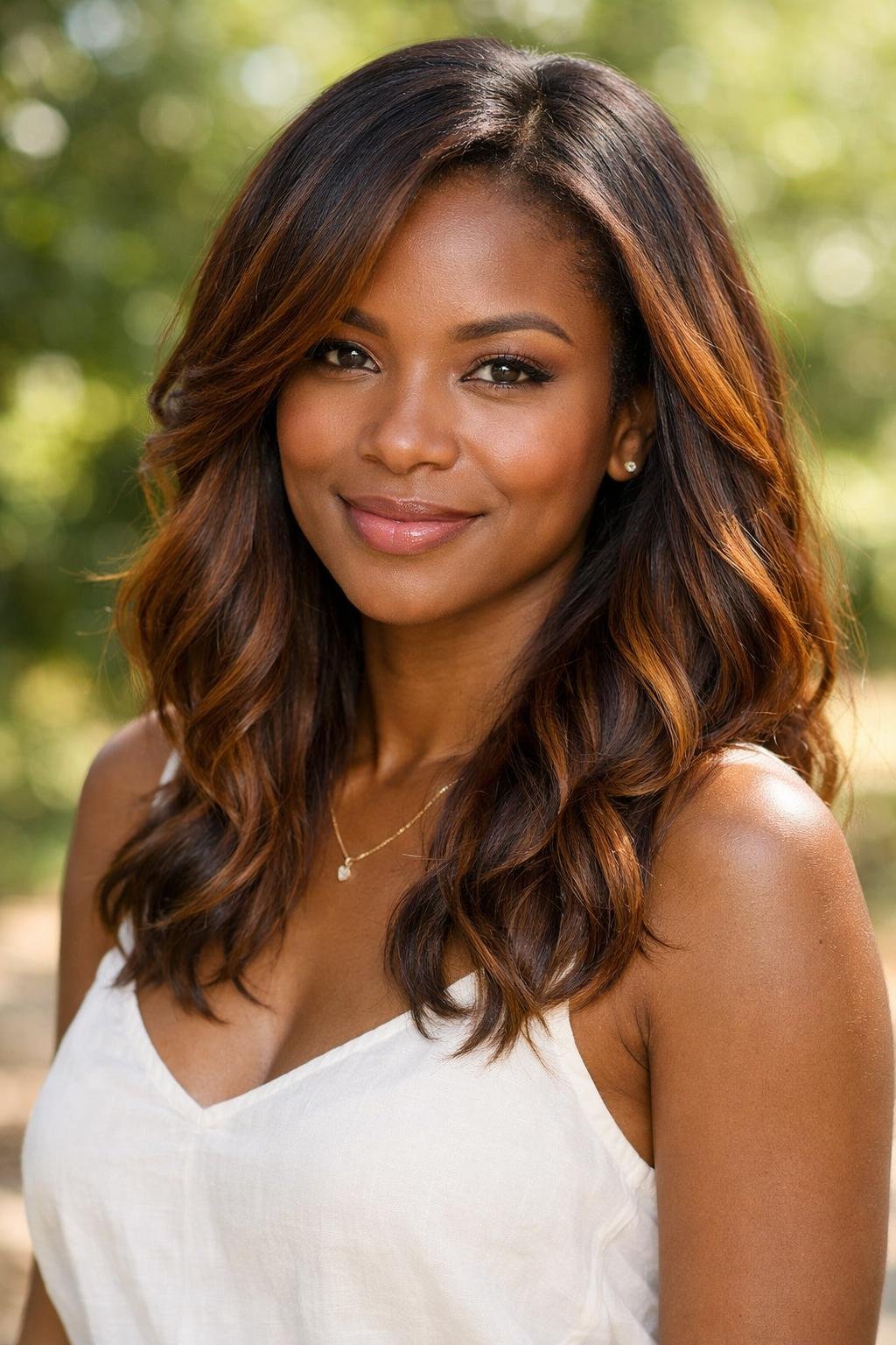 A dark-skinned woman with warm chestnut balayage hair smiling outdoors with green foliage in the background.