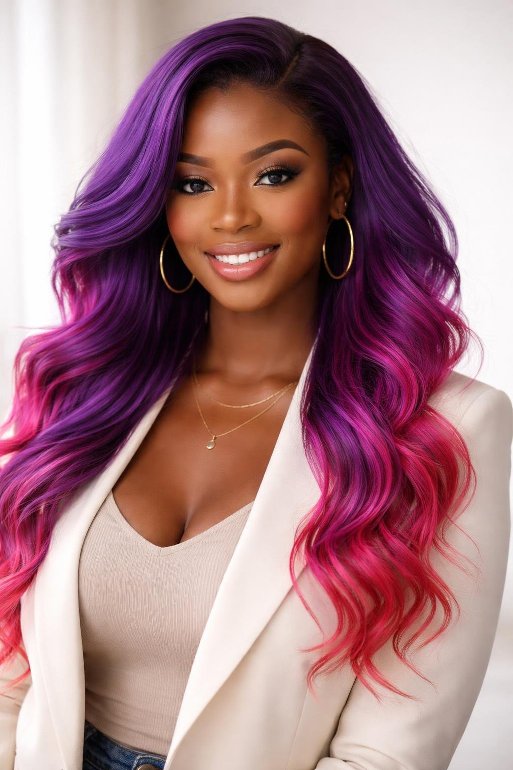 A dark-skinned woman smiling with vibrant purple to pink ombre hair against a plain background.