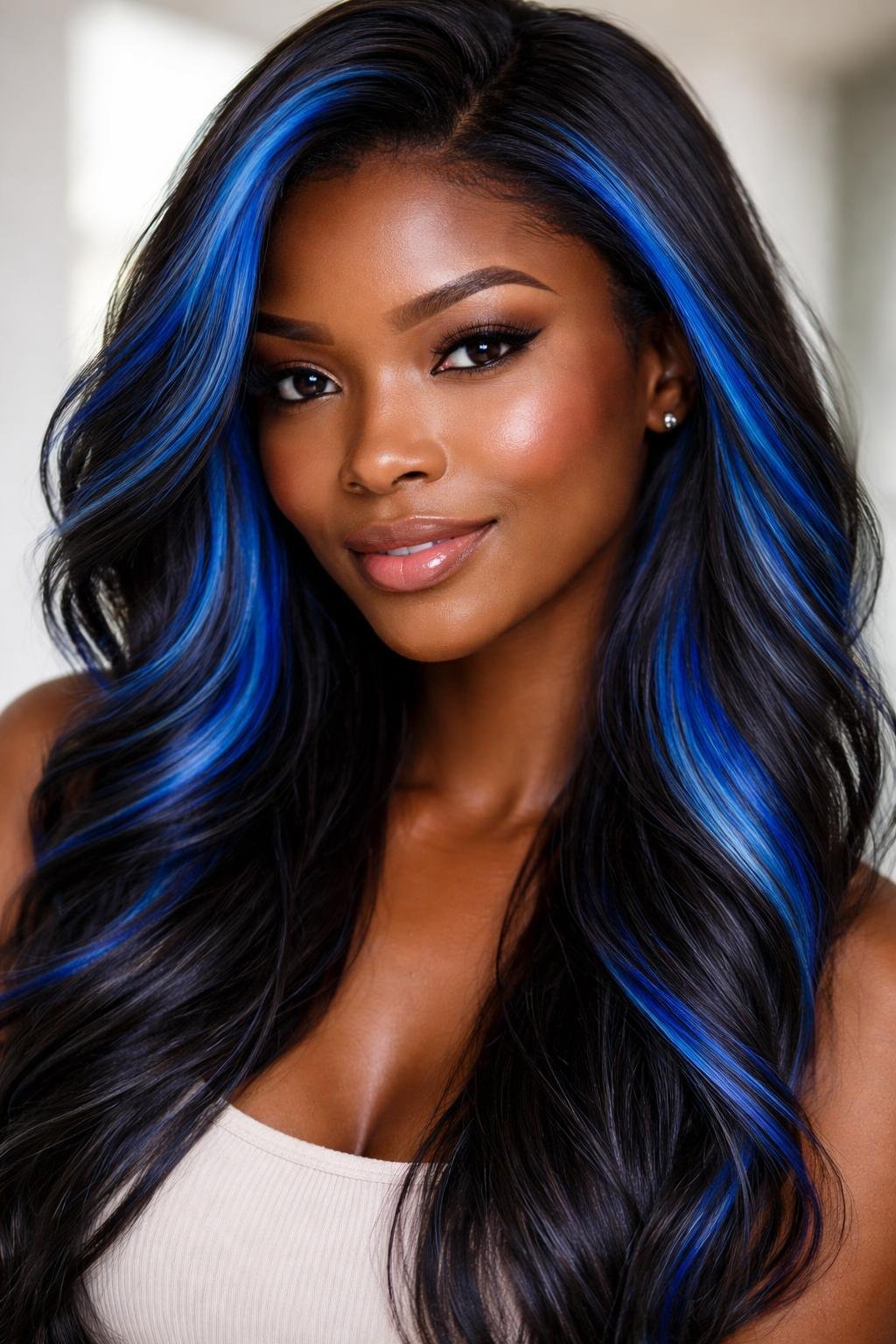 Close-up of a dark-skinned woman with electric blue streaks in her hair, smiling softly against a blurred neutral background.